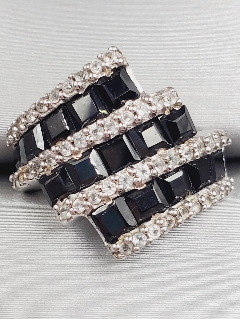 Black Tourmaline & White Zircon Statement Ring - 925 Sterling Silver